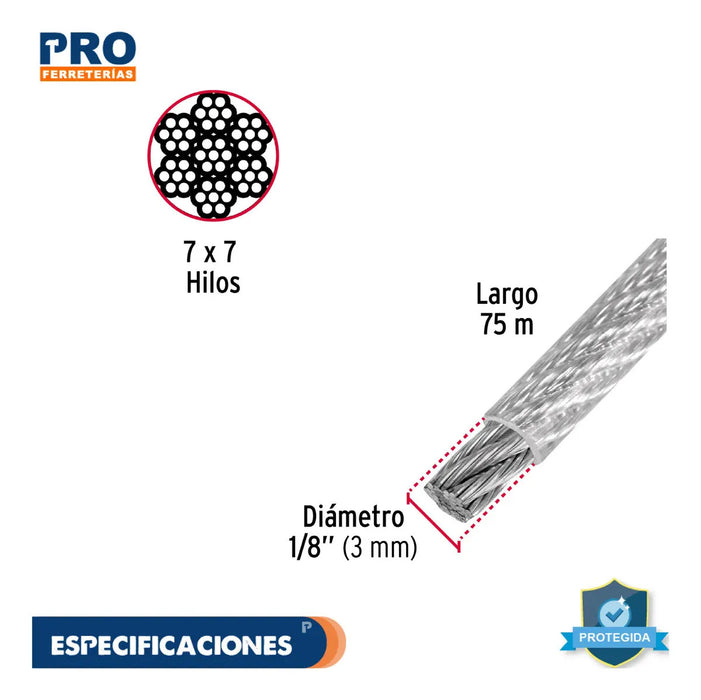 Cable Rígido de Acero 1/8 Recubierto PVC 7x7 75 M