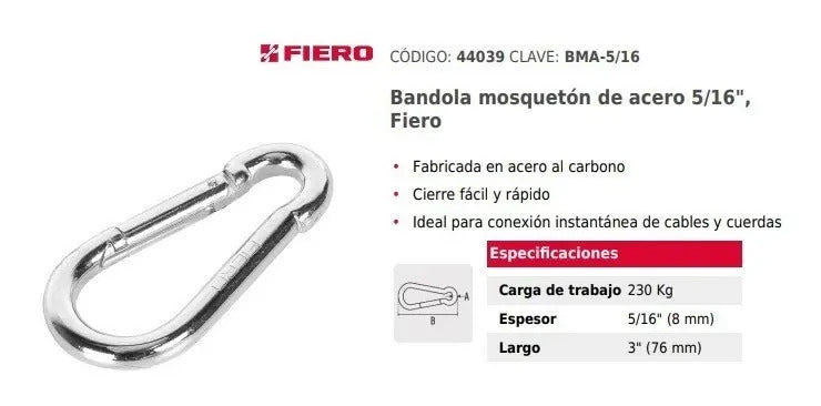 Bandola Mosquetón De Acero 5/16 Fiero