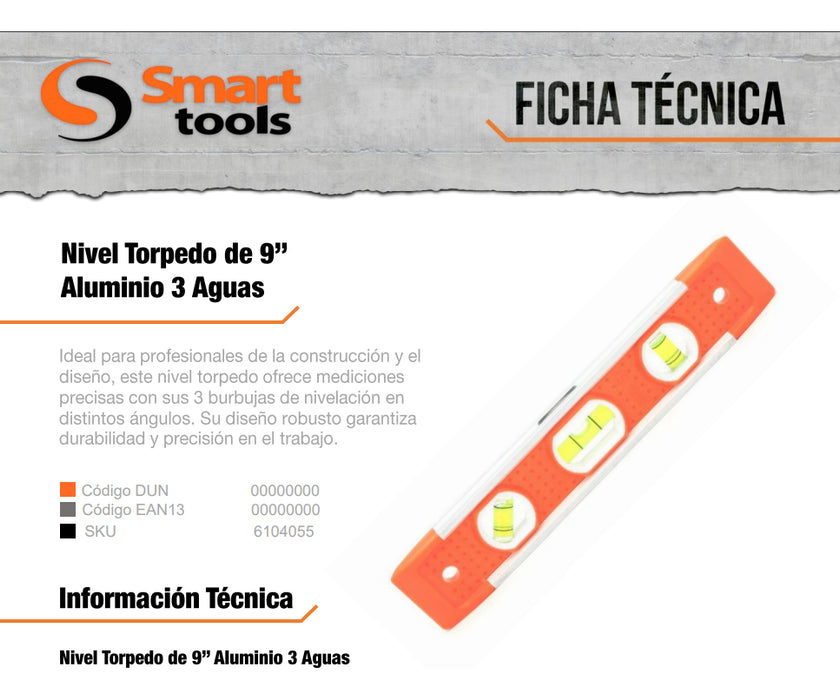 Nivel Torpedo Smart Tools 9'' Aluminio Magnético 3 Viales