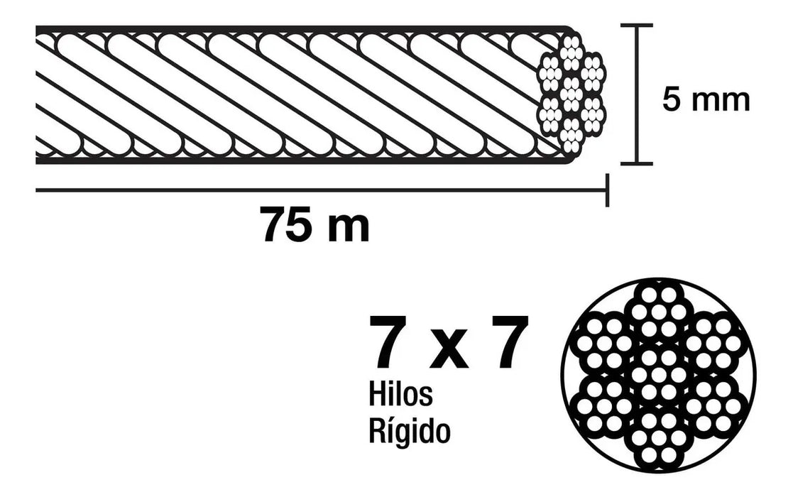 Cable Rígido 3/16' Acero 7x7 Recubierto Pvc, Carrete De 75 M