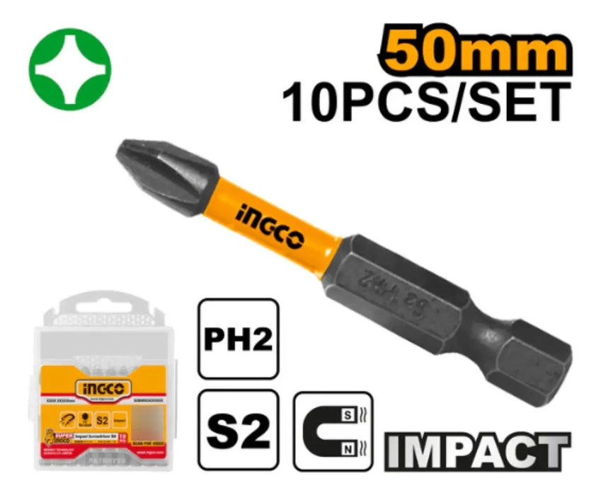 Set 10 Puntas De Impacto Destornillador Phillips 2 Iman 50mm