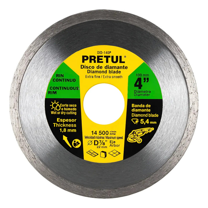 Disco Corte Diamantado 4" x 7/8" Pretul Plateado