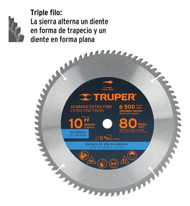 Disco 10'' Sierra Aluminio 5/8 80 Dientes Carburo Truper