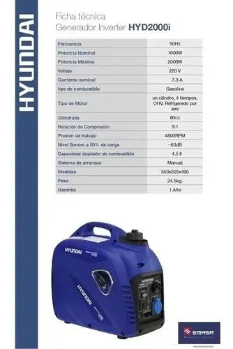 Generador Inverter Hyundai Gasolina 1,6/2,0 Kw Part Manual