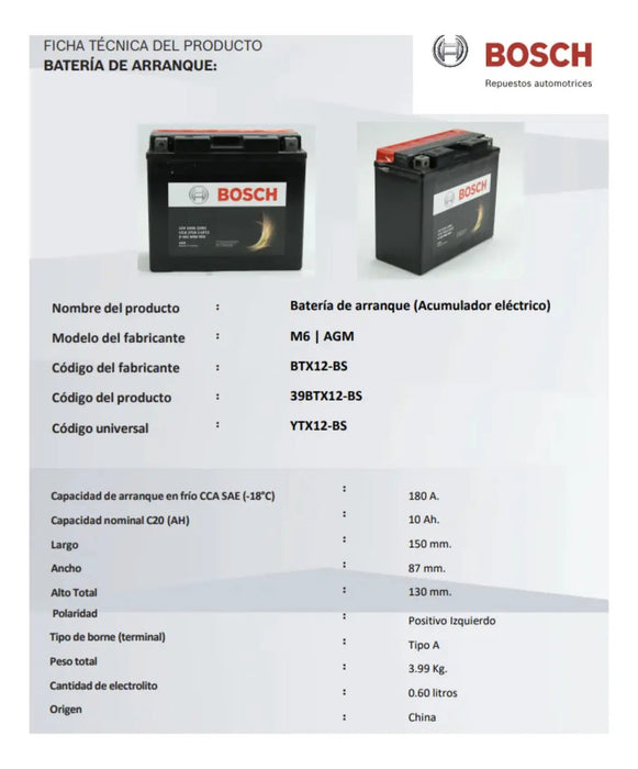 Batería Moto Bosch BTX12-BS YTX12-BS 12V 10Ah Original