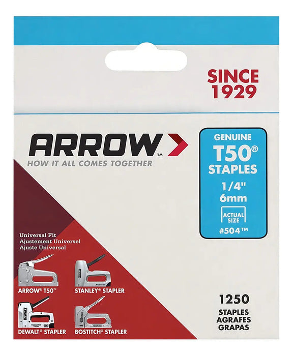 Grapas Arrow T50 1/4 (6mm) Caja 1250 Unidades