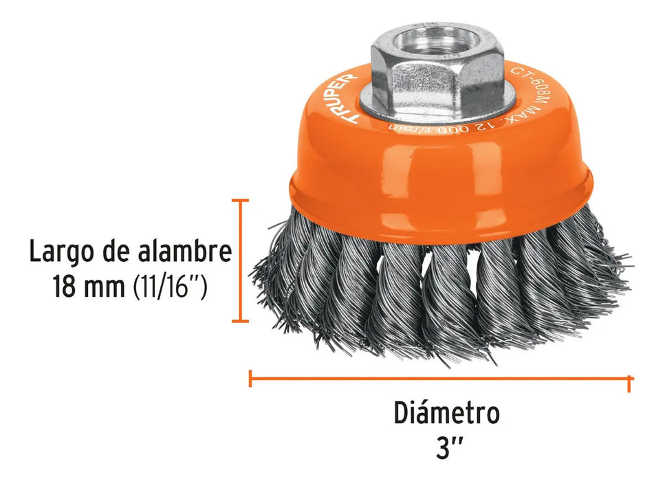 Grata Copa Trenzada 3'' Eje M14 Truper