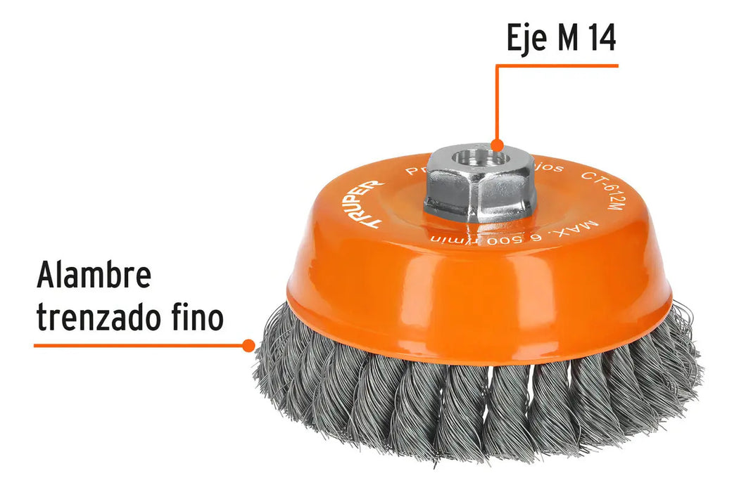 Carda Copa 5" Alambre Trenzado Fino, Eje M14, Truper