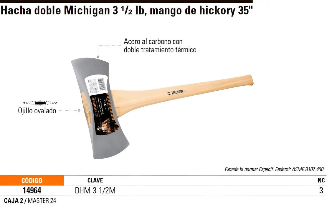 Hacha Doble Filo 3-1/2 Lb Michigan Mango Madera Truper