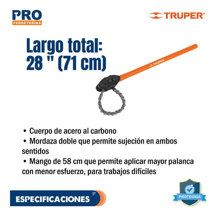 Llave de Cadena Tipo Caimán Uso Pesado Mango de 28''
