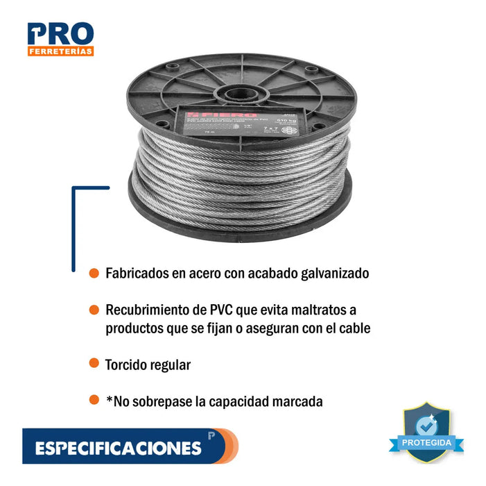 Cable Rígido de Acero 1/8 Recubierto PVC 7x7 75 M